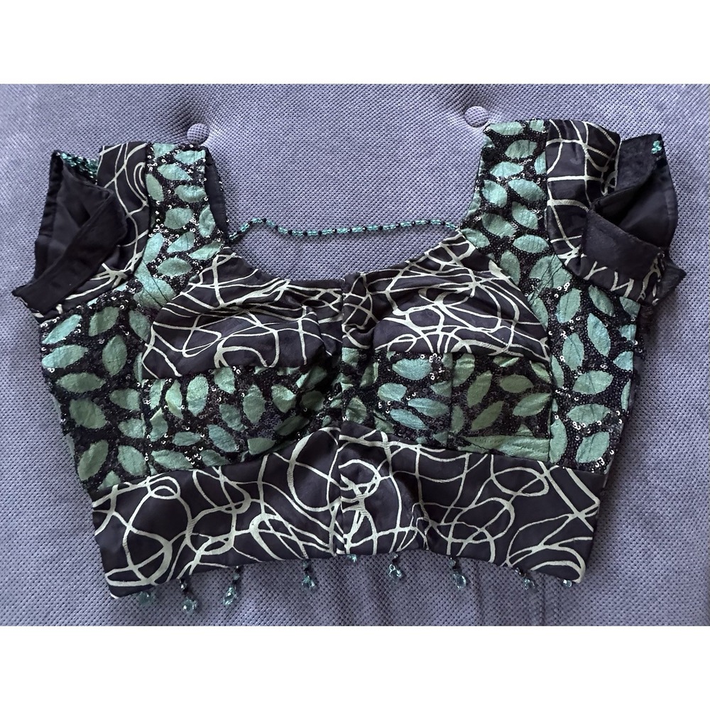 SAREE Crop Blouse Hamdmade Signed Green Beaded Sequins Velvet Bollywood Medium
